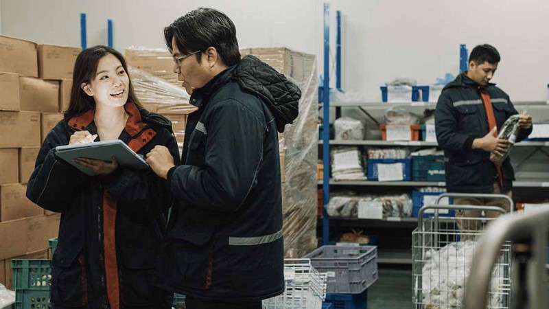 Employees are working in cold storage