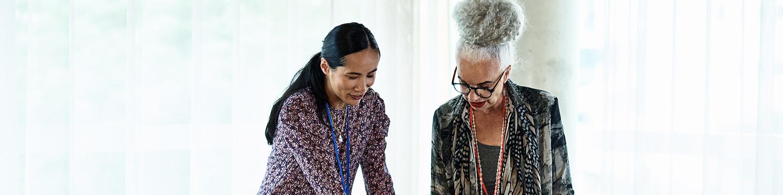 Two Businesswomen brainstorming in an office using adhesive notes before the meeting