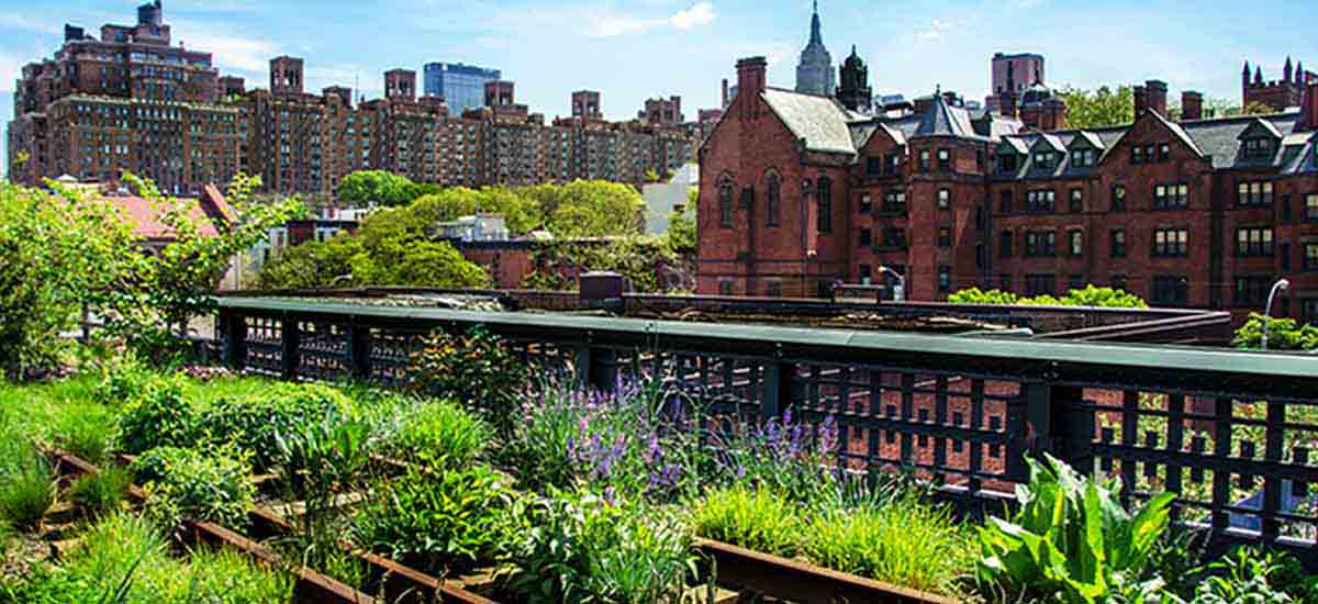 green public space with red brick buildings