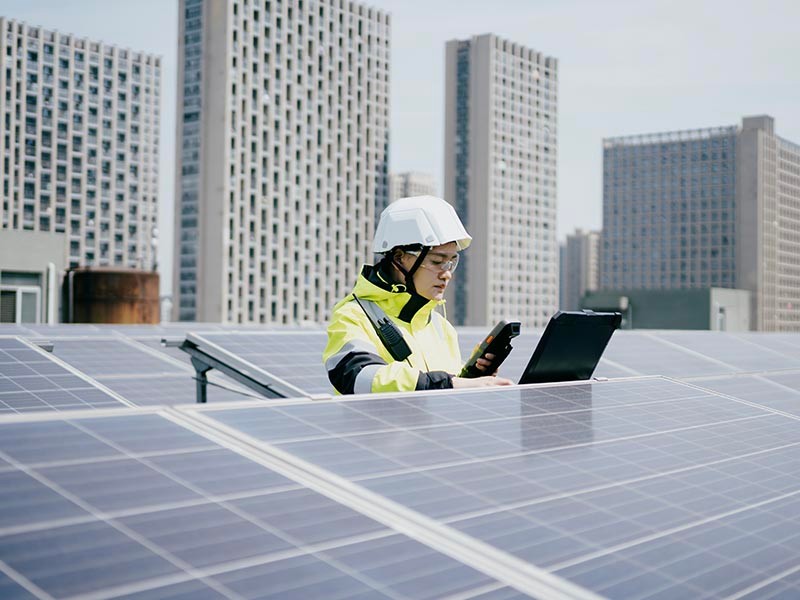 A professional girl observing the reading of Solar Panel 