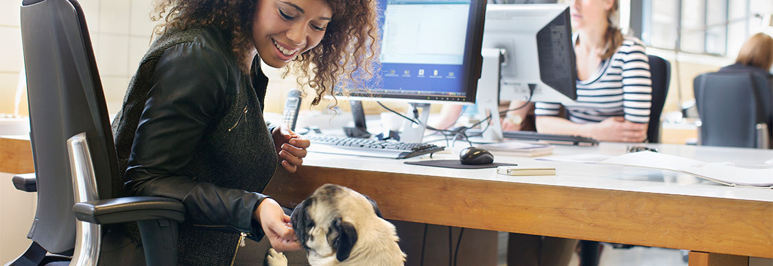 Young woman petting dog at office desk