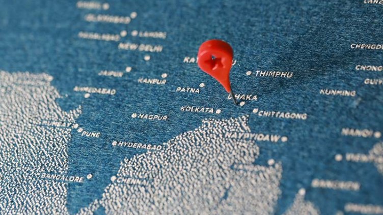 location pin on the blue painted map, Bangladesh